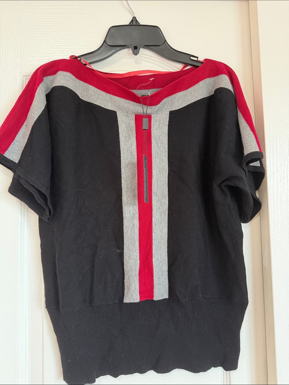 Cable & Gauge Black Knit Top with Red and Gray Stripes